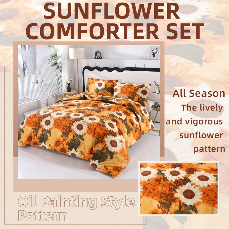 ماج طقم لحاف كامل مكون من 3 قطع عباد الشمس من MAG، أطقم سرير كاملة الحجم من الألياف الدقيقة، نمط زهرة برتقالي بوهو، يشمل كل المواسم 1 لحاف + 2 كيس وسادة للأطفال الأولاد والبنات، مسامي ومتجعد. - Image 3